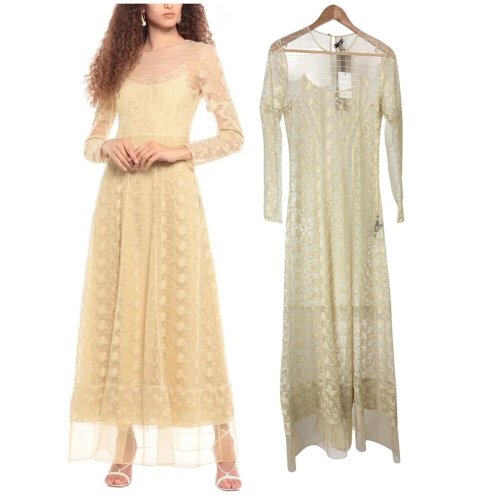 Burberry NWT Sheer Lace Mesh Maxi Dress Floral Ivory Yellow Size 6 *NO LINER*